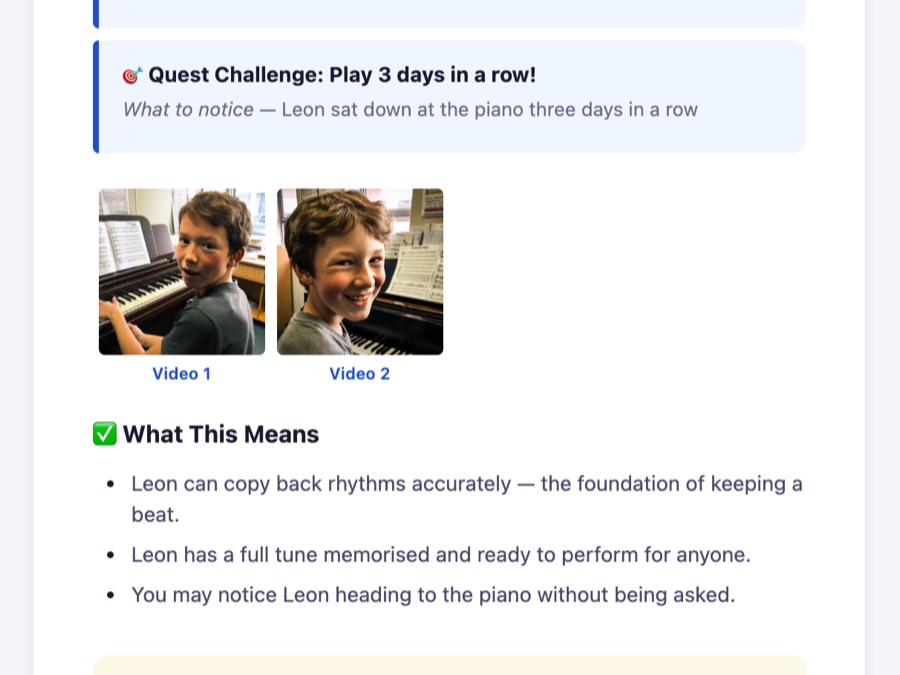Top of a Musician Quest progress email: milestone banner, greeting, and quest progress bar