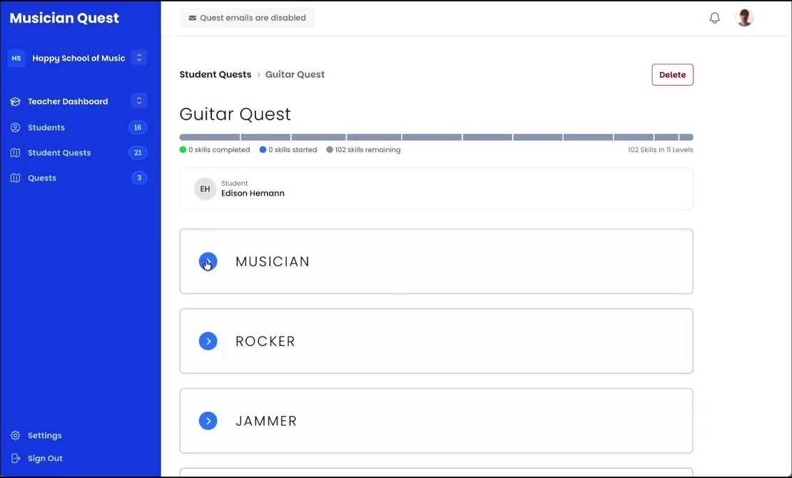 Teacher view of a student's Guitar Quest, ready to start a skill and record video